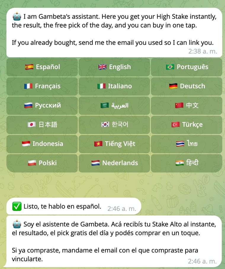 Bot asistente de Gambeta en Telegram: selector de 18 idiomas y mensaje de bienvenida en español