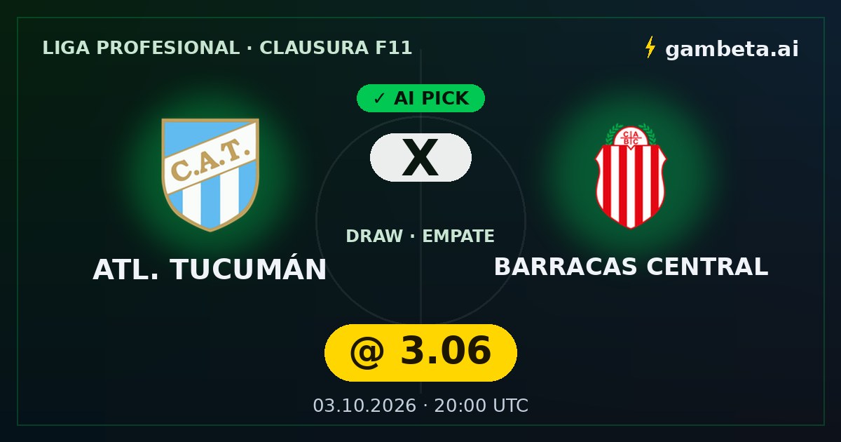 AI prediction Atlético Tucumán vs Barracas Central in the Argentine Primera División: draw at odds 3.06