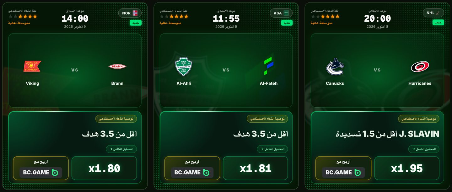 توقعات اليوم من Gambeta بالذكاء الاصطناعي لـ NHL وكرة القدم، مع مستوى الثقة وتوصية الذكاء الاصطناعي والأرجحية