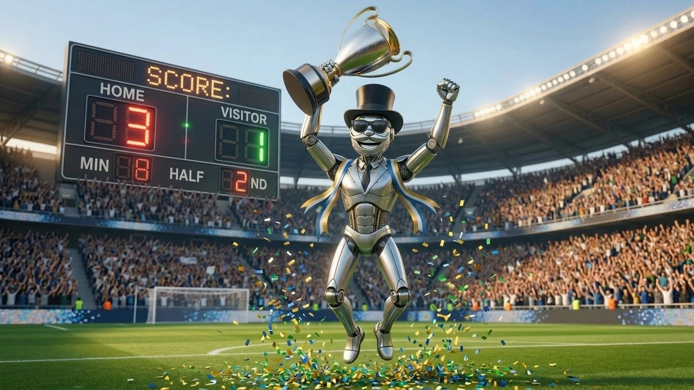 Robot de Gambeta con galera y gafas oscuras celebrando con una copa en un estadio lleno, con confeti