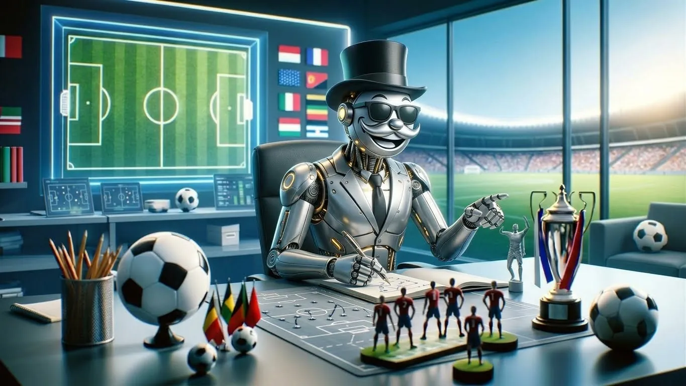 AI robot in a top hat and dark sunglasses analysing football tactics — artificial intelligence for sports betting