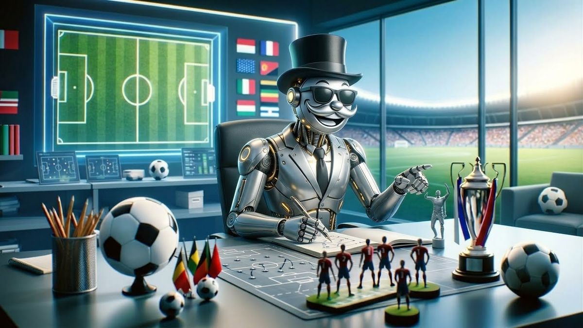 Robot di intelligenza artificiale con cilindro e occhiali scuri che analizza le tattiche di calcio per scommettere con i dati