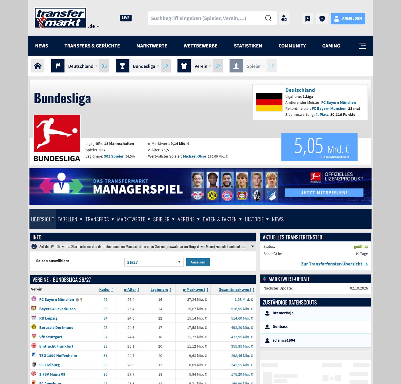 Bundesliga-Seite auf Transfermarkt: Marktwerte der Klubs (Bayern, Dortmund, Leipzig)