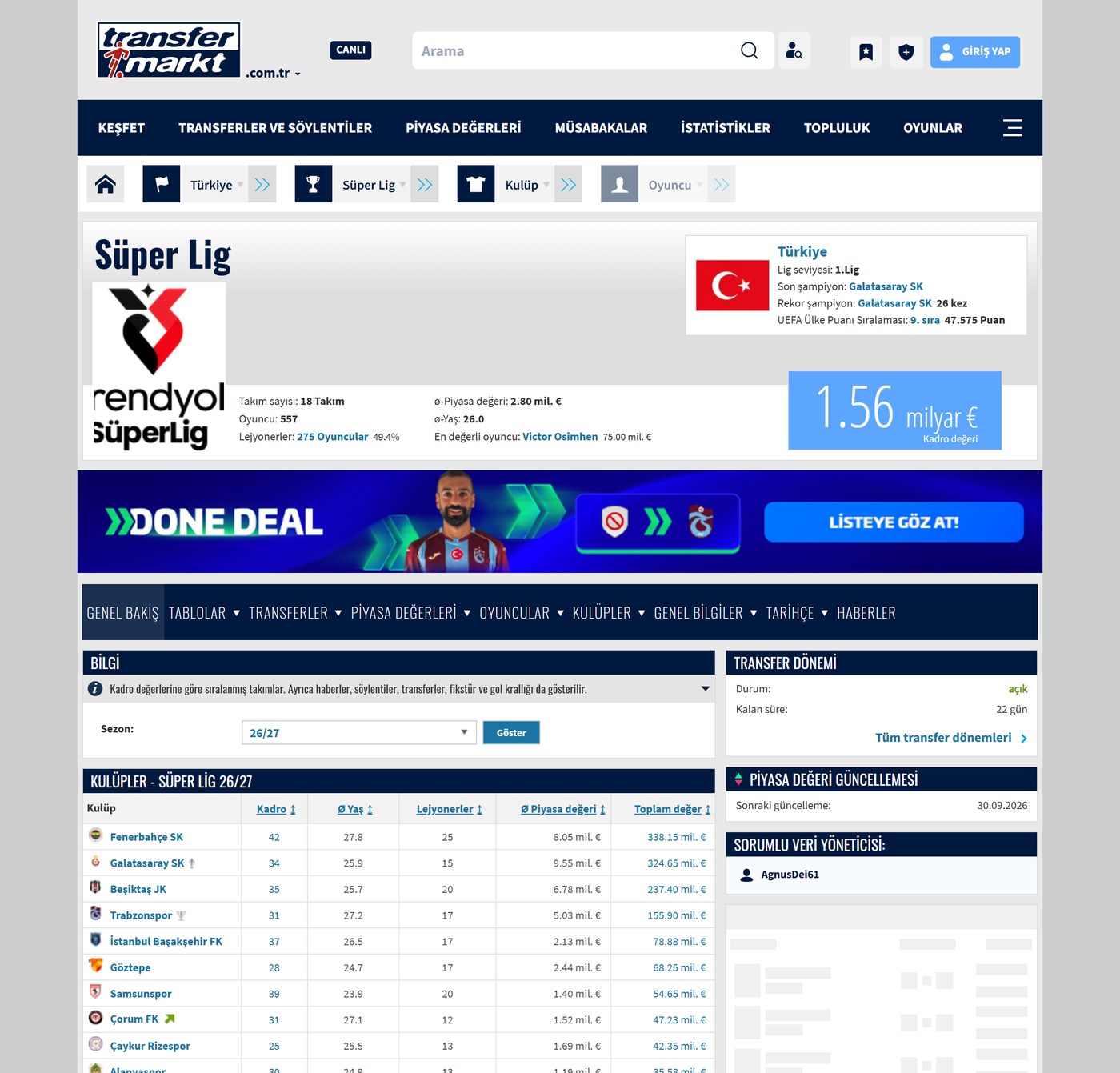 Transfermarkt Süper Lig sayfası: kulüplerin piyasa değerleri (Galatasaray, Fenerbahçe)