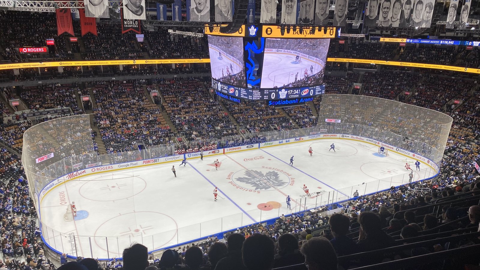 Ice hockey players in a play during an NHL game